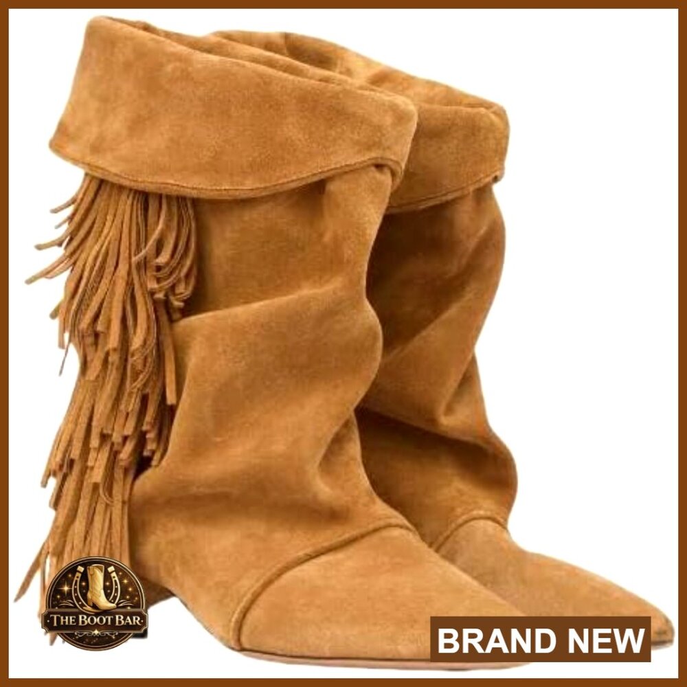 Suede Ankle Boots Kitten Heel Slouchy Fold Over Pointed Toe Pull On Booties